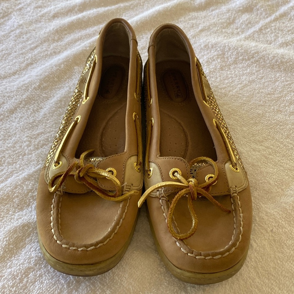 Sperry Top-Sider Angelfish Boat Leather Shoes, 9M Creme, tan w gold